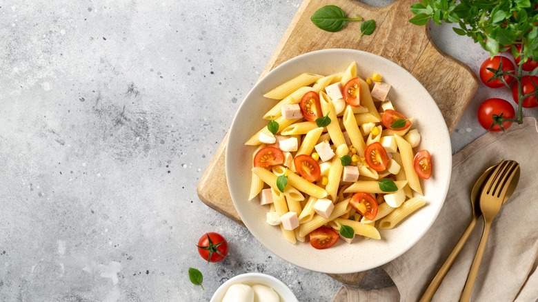 Pasta salad in white bowl