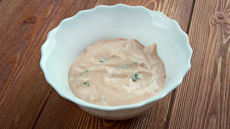 Russian dressing in white bowl