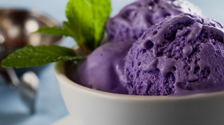 Purple ube ice cream in a bowl