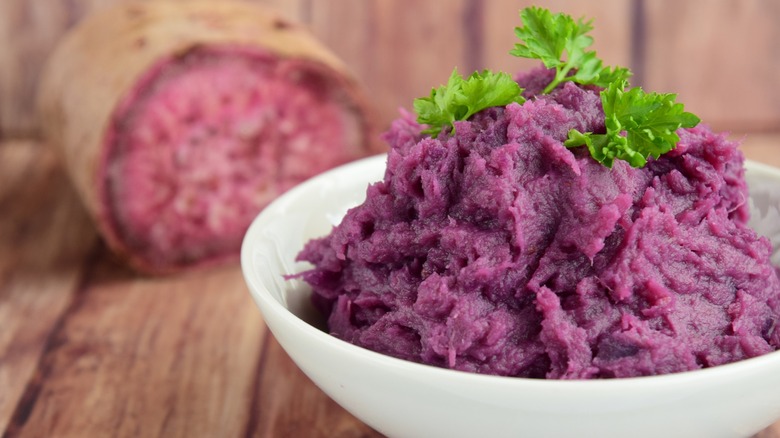 Mashed ube in a bowl