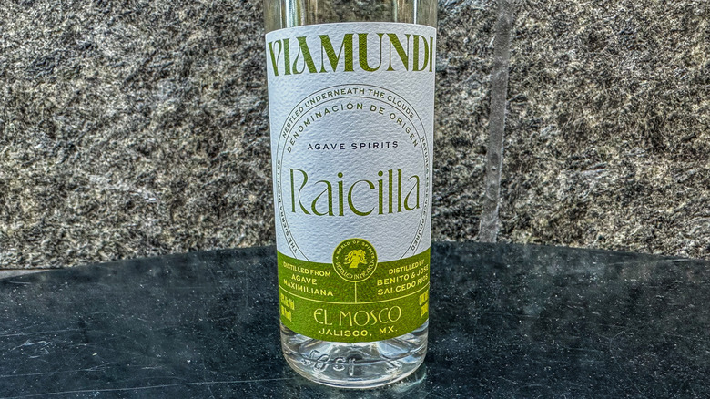 close-up of viamundi raicilla bottle label