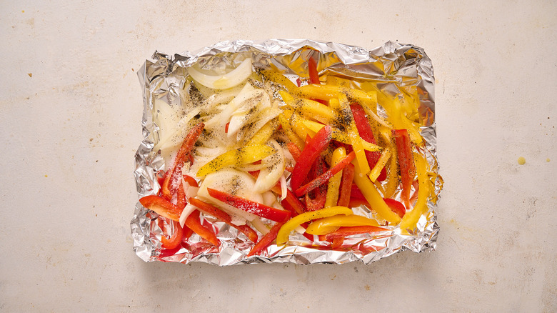 peppers and onions in foil