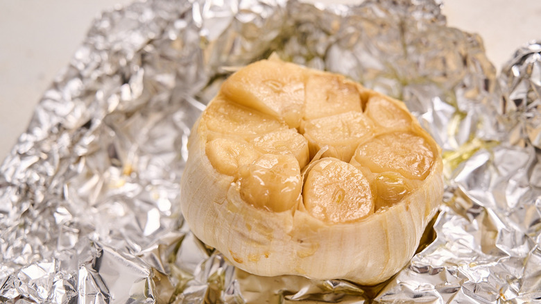 roasted garlic on foil