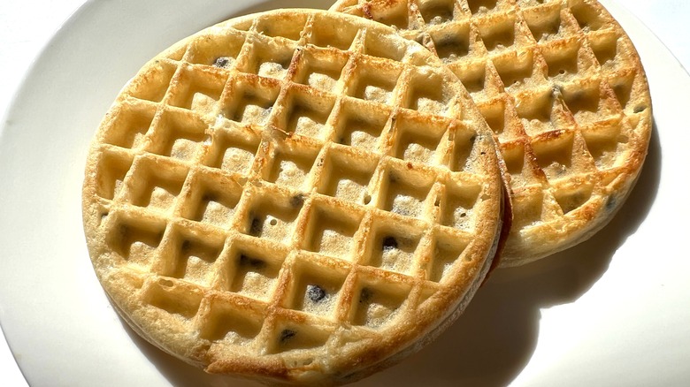 Frozen blueberry waffles on plate