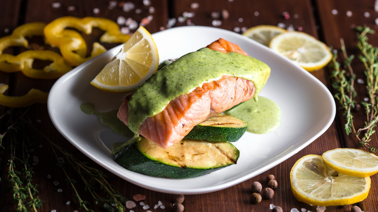 Green goddess dressing on salmon and zucchini