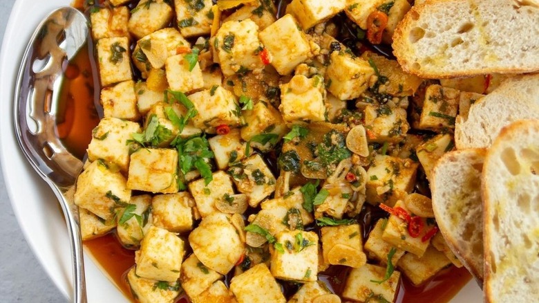 chili oil marinated paneer cheese