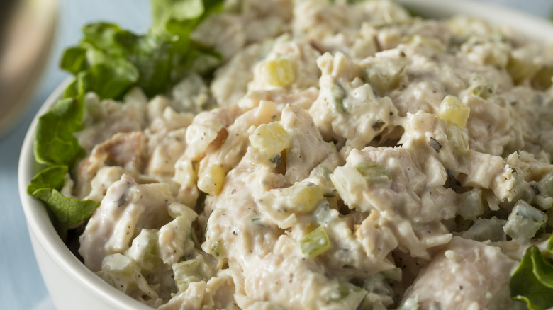 Close up of chicken salad in bowl 