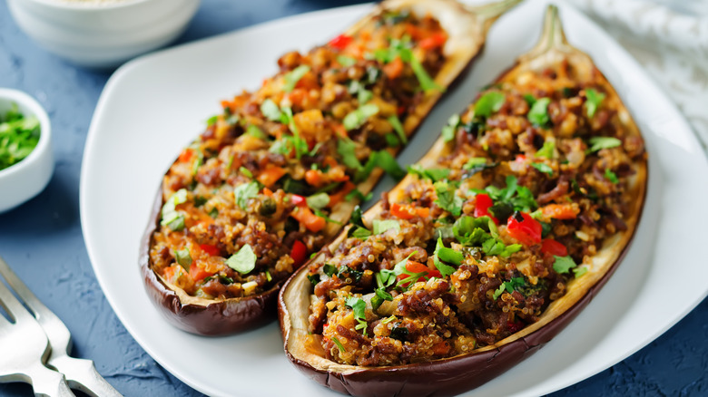 Chicken and quinoa in eggplant