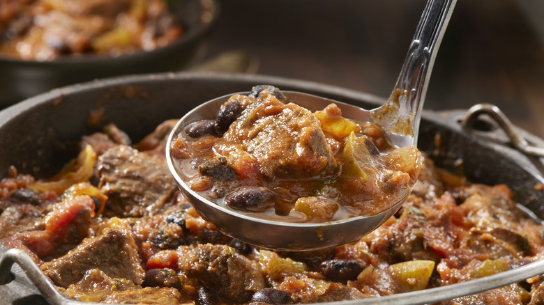 Big steaming bowl of steak chili