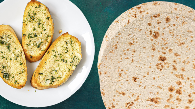 cheesy garlic bread and flour tortillas