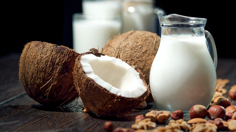 Pitcher of milk with coconuts