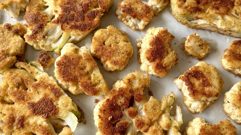 Breaded cauliflower on sheet pan