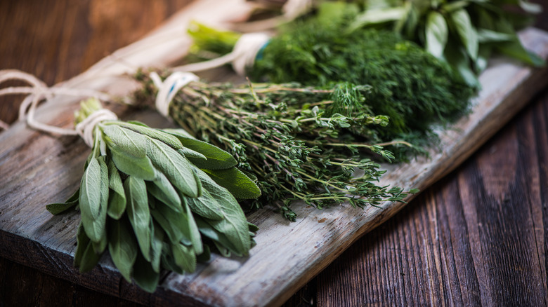 herbs on wooden board