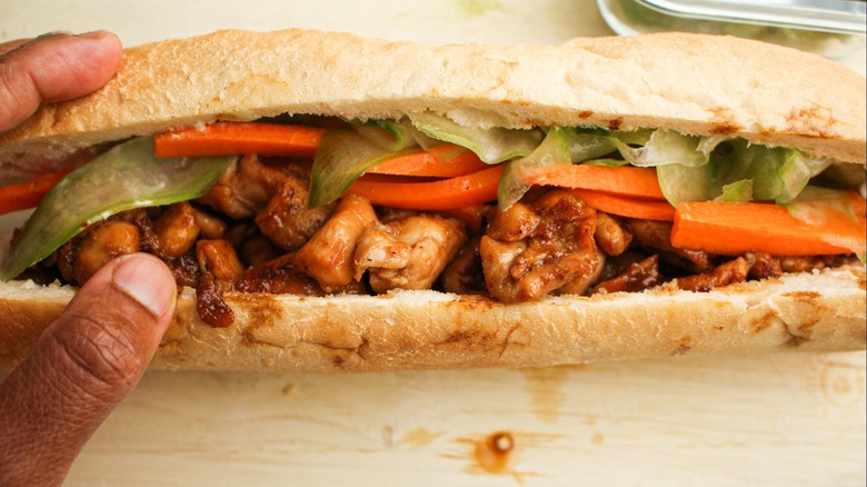 Marinated chicken banh mi sandwich in baguette