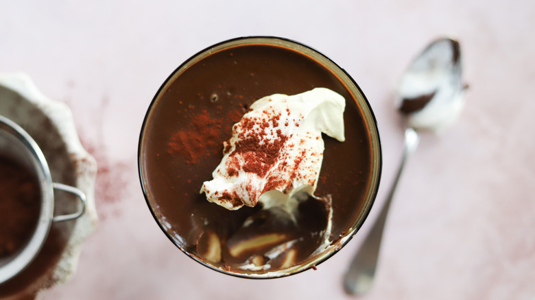 Chocolate pudding with bite out