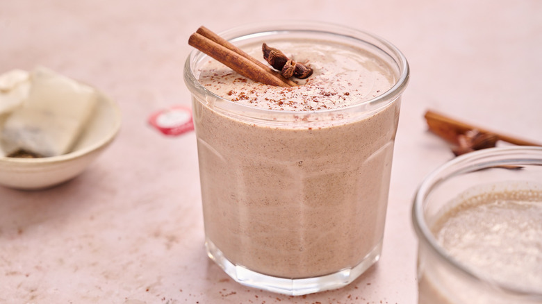 vanilla chai protein smoothie on table