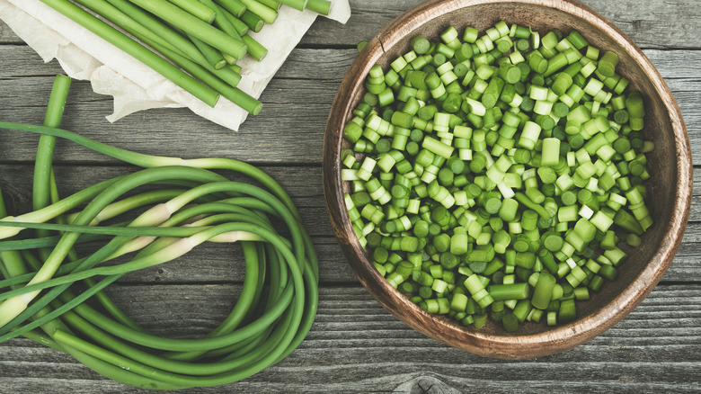 garlic scapes whole and chopped