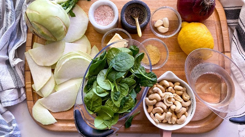 ingredients for kohlrabi and spinach dish