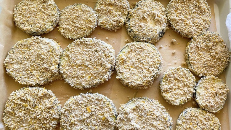 eggplant slices on baking sheet