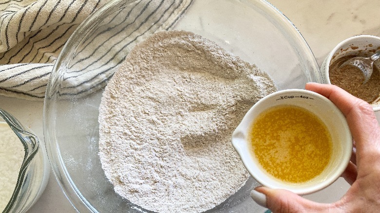 glass bowl with batter ingredients