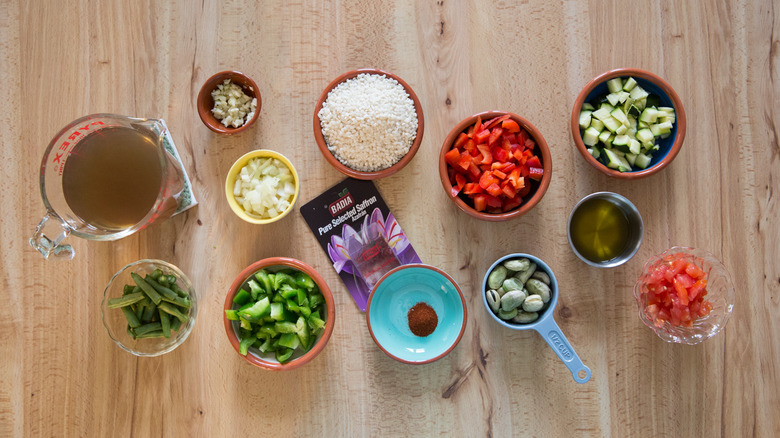 vegetable paella ingredients on table 