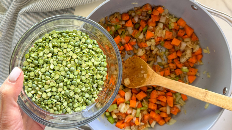adding split peas to pot