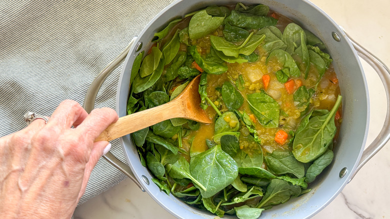 hand stirring pot with spinach
