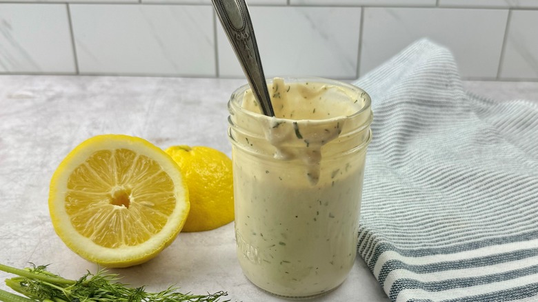 salad dressing lemon and towel