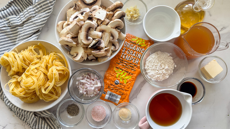 Tempeh Marsala ingredients on marble counter