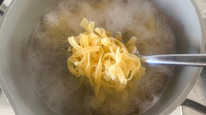 Ladle full of noodles over pot of boiling water