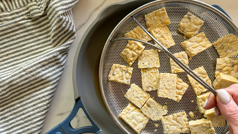 Tempeh in steamer basket