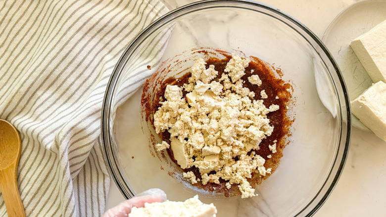 crumbled tofu in bowl