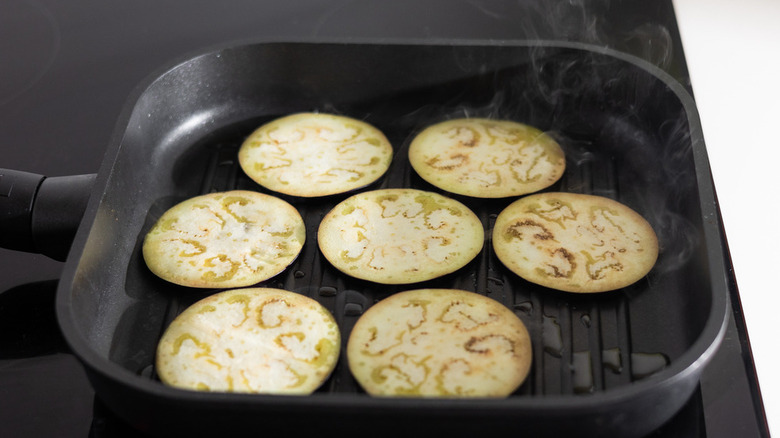 sliced eggplant in pan