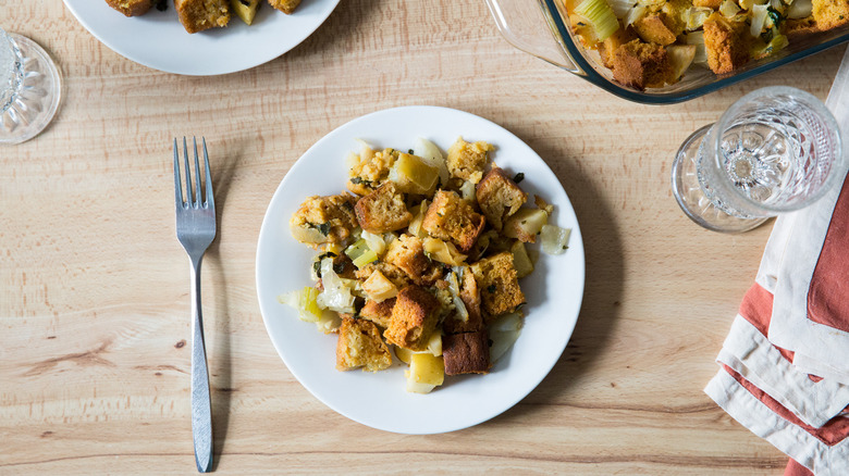 cornbread stuffing served on table