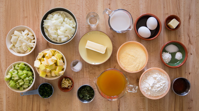 cornbread stuffing ingredients on table