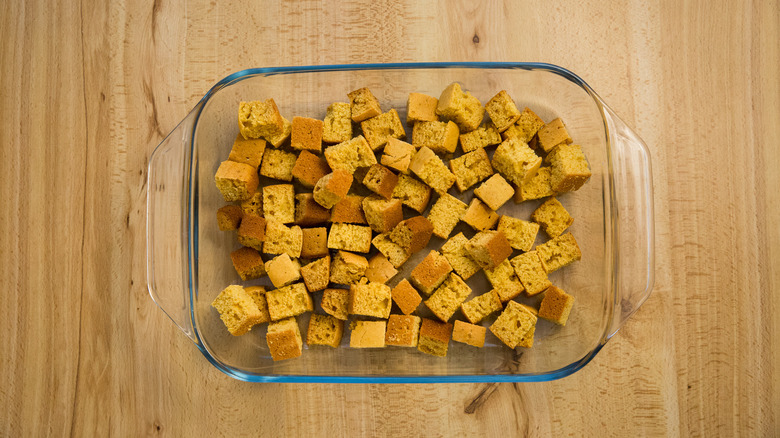 cornbread cubes in baking dish