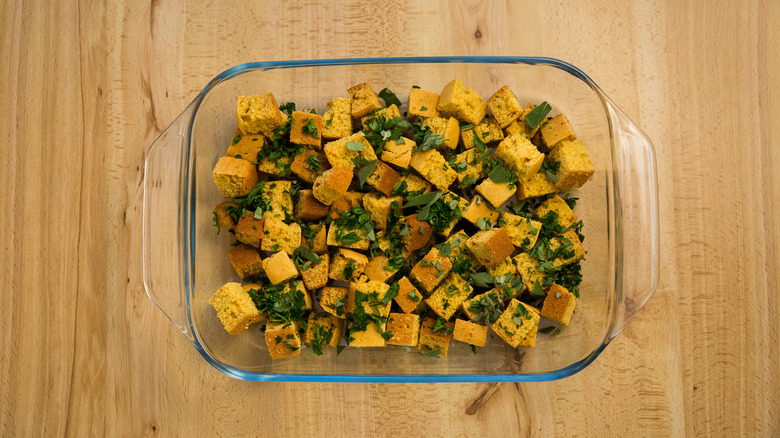 cornbread and herbs in dish