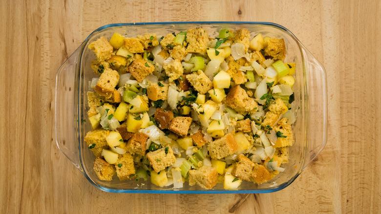 unbaked cornbread stuffing in dish