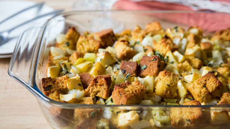 cornbread stuffing served on table