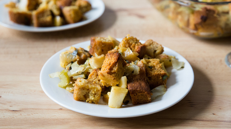 cornbread stuffing on white plate