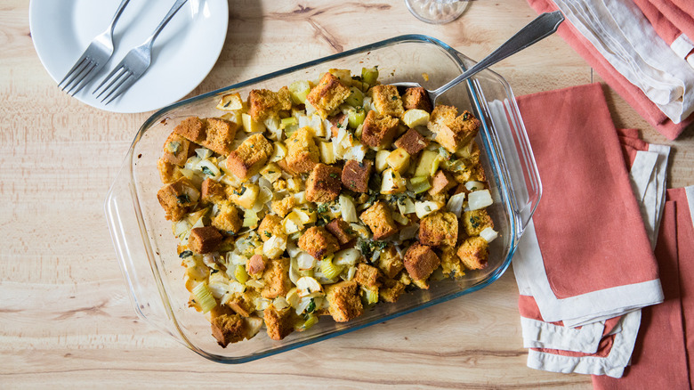 cornbread stuffing in serving dish