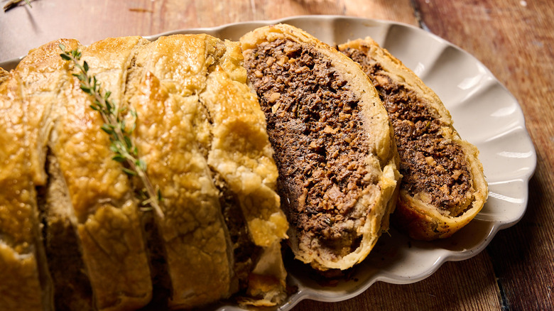 mushroom wellington slices on platter