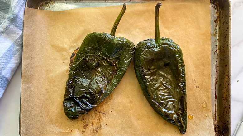 roasted poblanos on tray