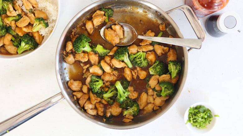 velvety soy chicken and broccoli in a pan