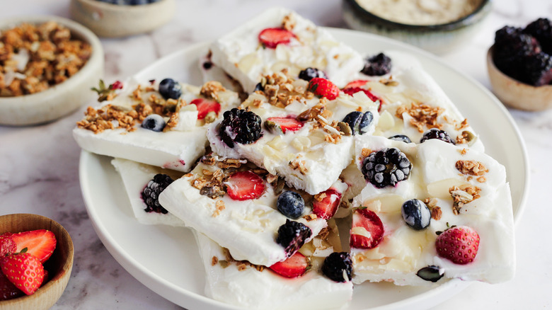 Berry yogurt bark piece on a plate with toppings around