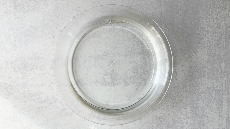 Pie plate filled with water on countertop