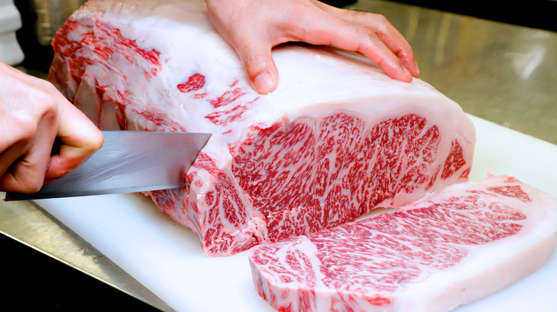 Slicing Wagyu Kobe beef