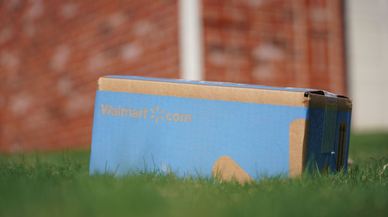 A Walmart drone package resting on a lawn