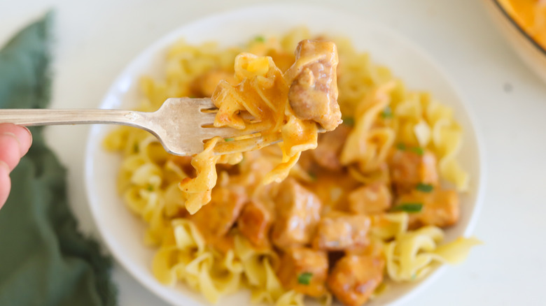 pork paprikash on a fork