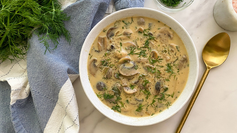 white bowl of soup with metal spoon and dill garnish